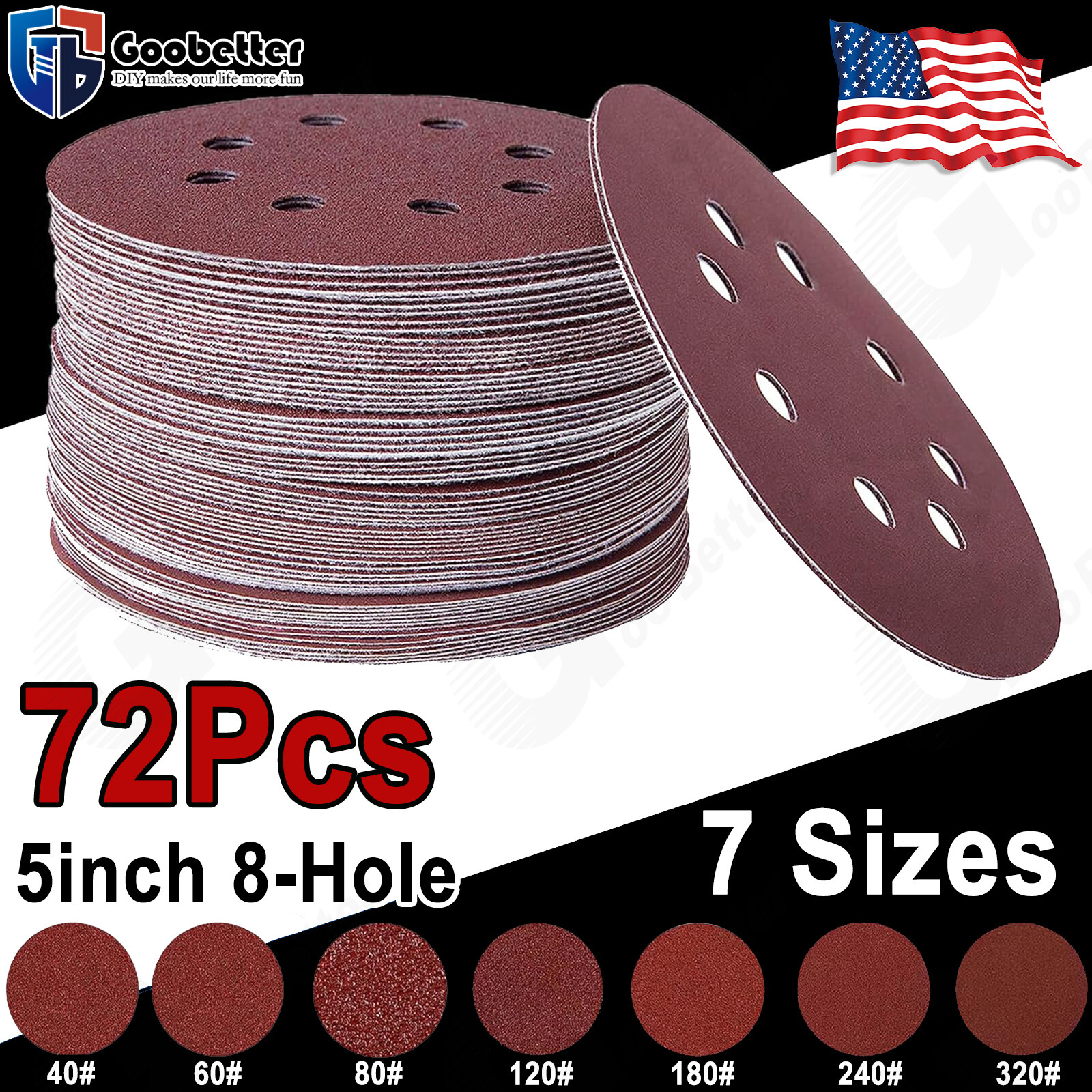 72pcs 5 Inch Sanding Discs 8-Hole Hook Loop Sandpaper Orbital Sander 40-320 Gri