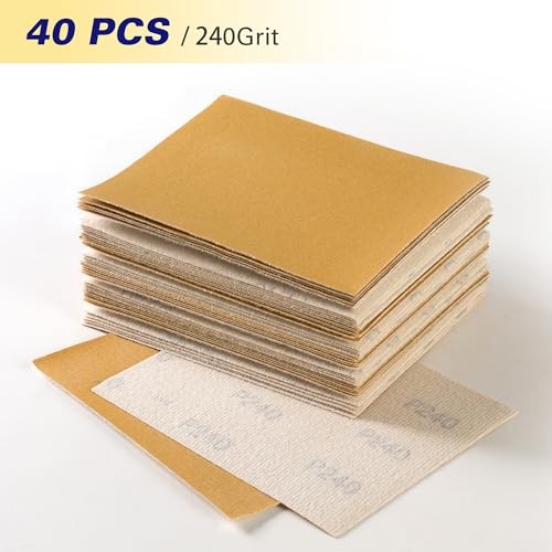 40PCS 1/4 Sheet Sandpaper 4.5 x 5.5 Inch Gold Sandpaper with Hoop 40PCS 240grit