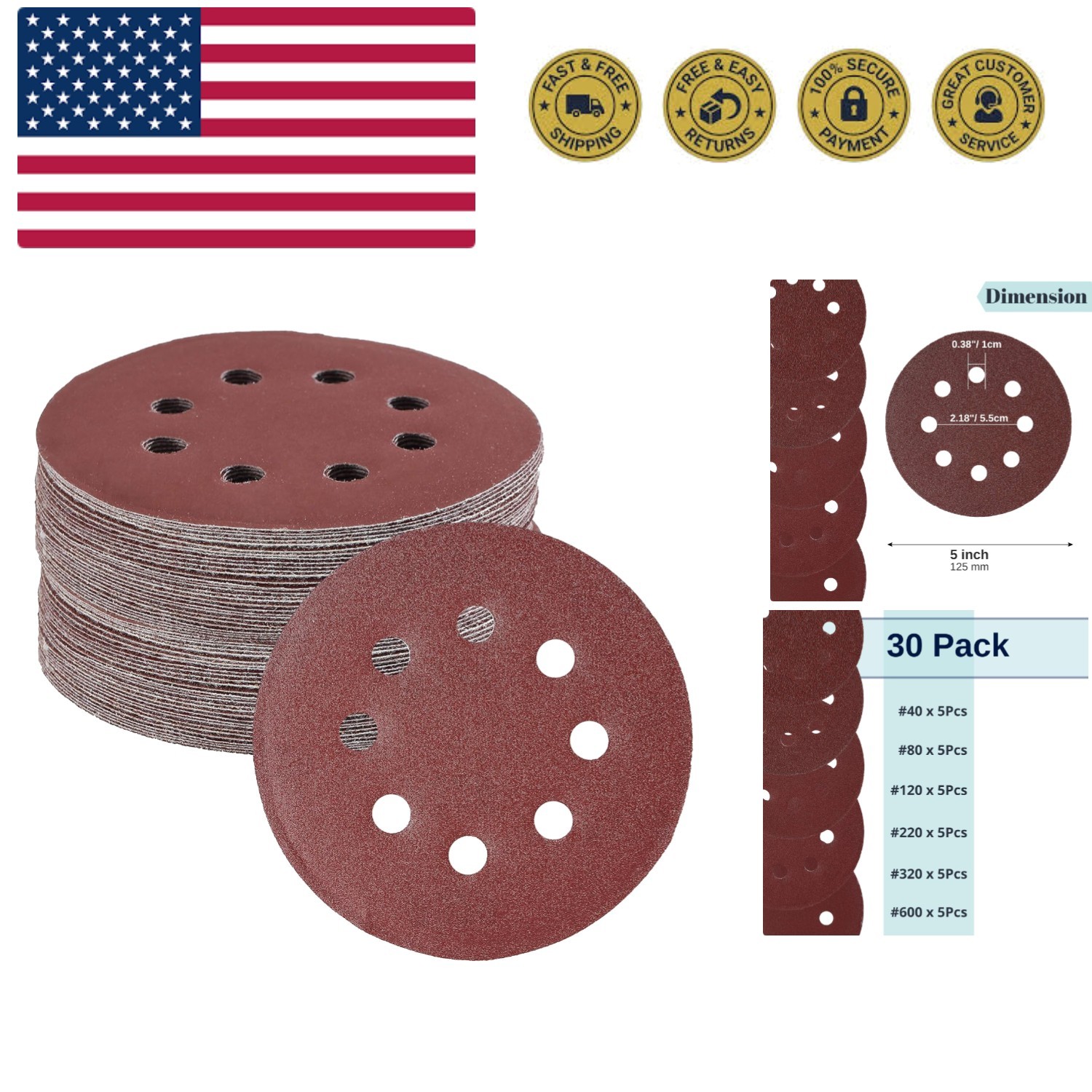 Bates- Sanding Discs 5 Inch 8 Hole, 30 Pack, Assorted Grits 40 80 120 220 320…