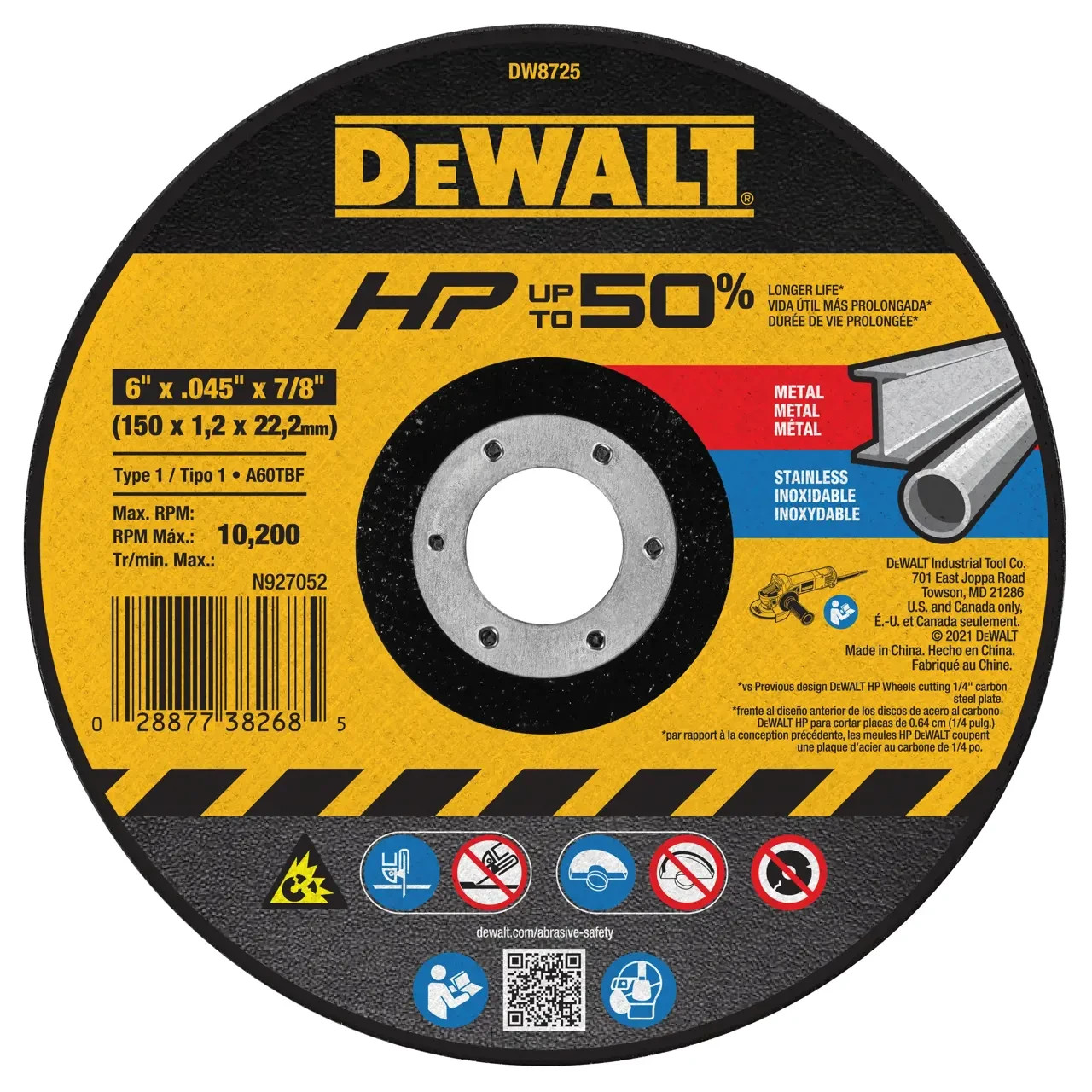 DEWALT, DW8725Z, 6″ x .045 x 7/8″, Arbor Metal, Cut-Off Wheel, Box of 25