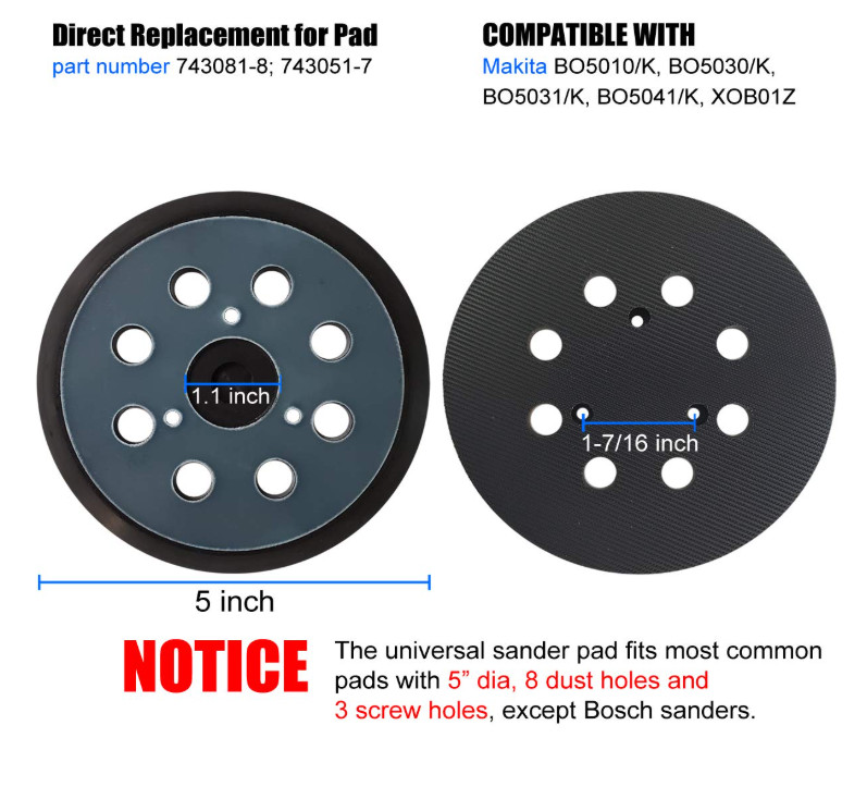 Replacement 5″ Hook & Loop Pad for Makita Random Orbital Sanders BO5030 BO5041