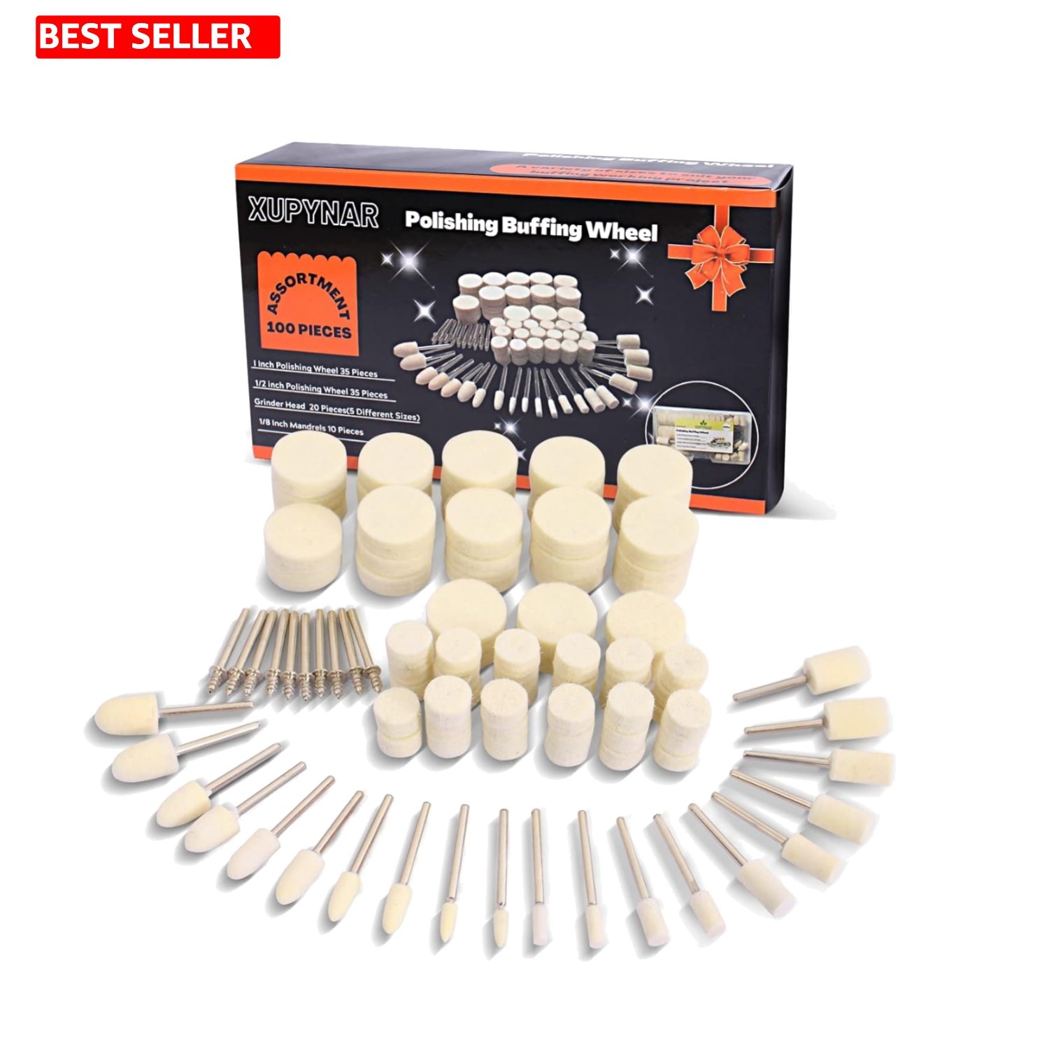 100PCS Multi-Shape Wool Buffing Wheels – 1/8″ Dremel Accessory, Medium Grit 240