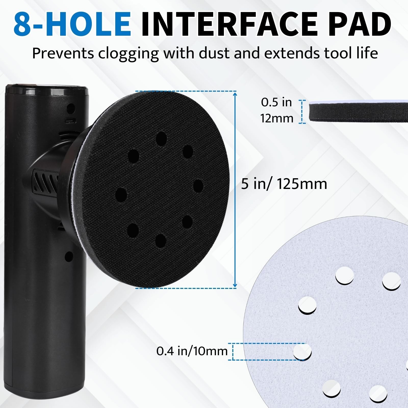 POTUINOM 5 Inch 8 Holes Foam Sanding Pads 2Pcs Interface Pad 125mm, Black