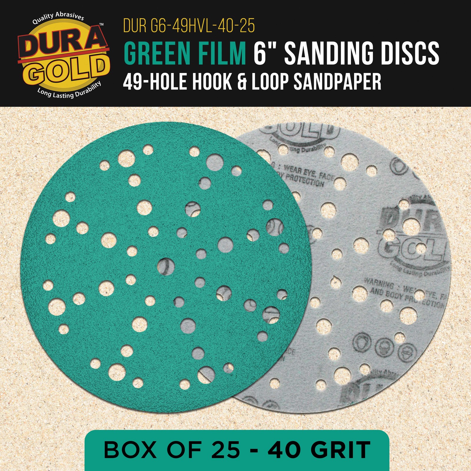 40 Grit 6″ Green Sanding Discs, 49-Hole, Box of 25 – Hook & Loop Sandpaper