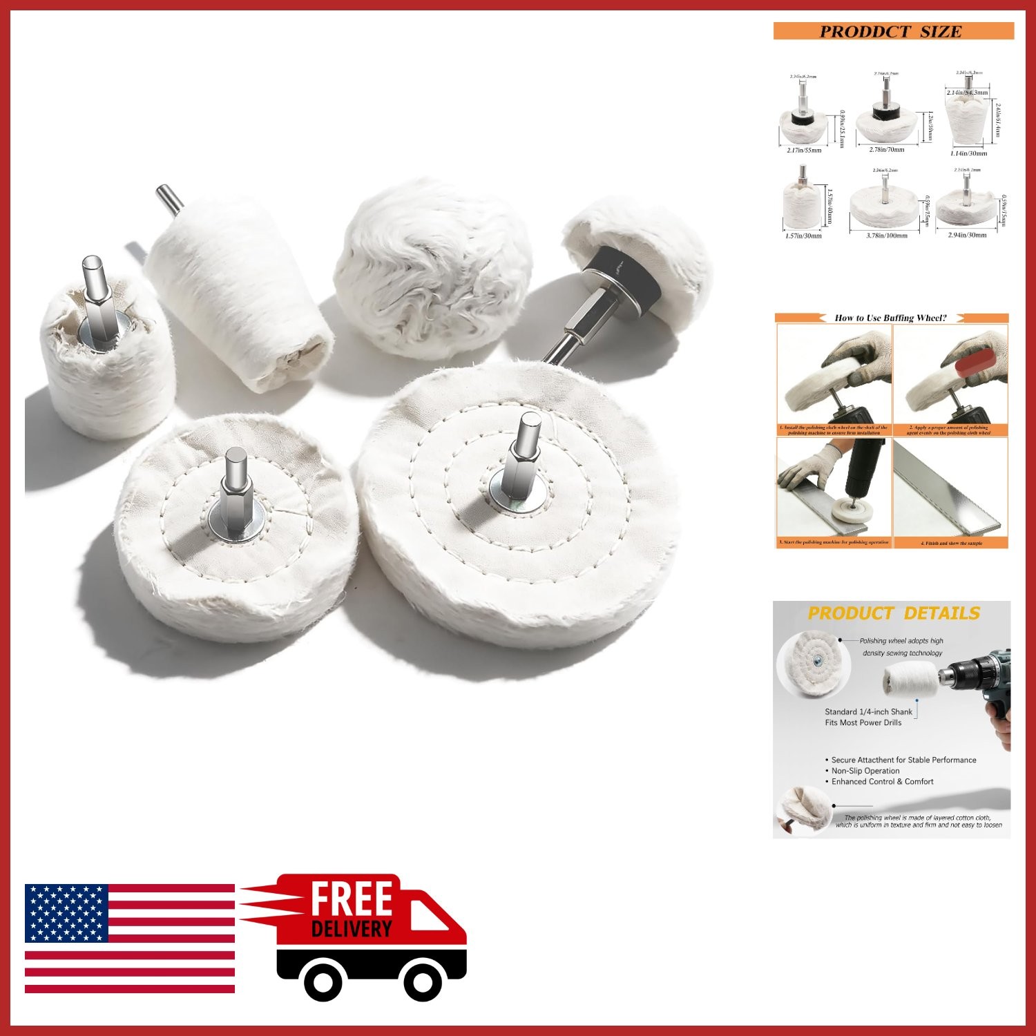 Cotton Buffing Wheel Kit 6PCS for Electric Drill Polishing Various Surfaces