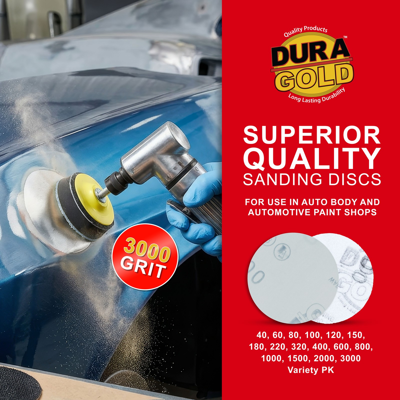 Dura-Gold 3000 Grit 3″ Green Film Hook & Loop Sanding Discs for DA Sanders, 30ct