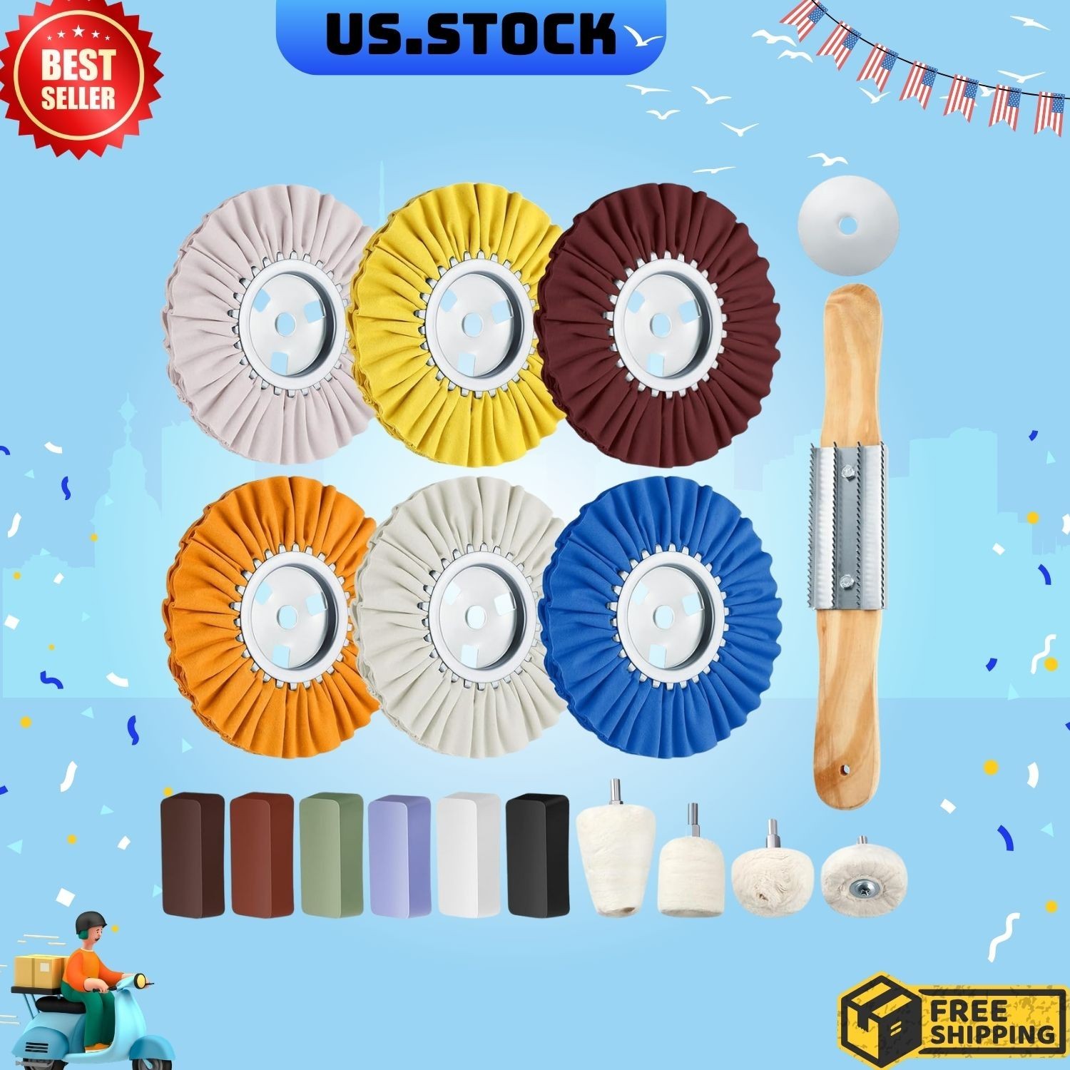 18 Pcs 8″ Airway Buffing Wheel Aluminum Polishing Kit 5/8″ Arbor Hole Mirror