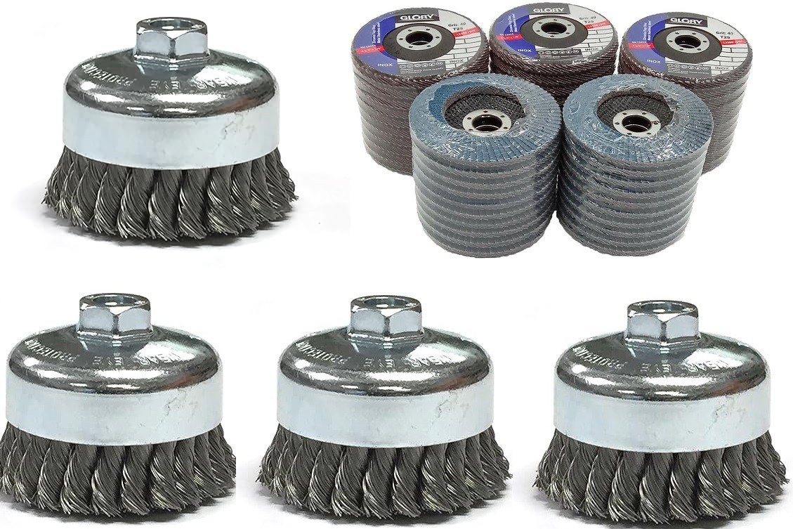 50pc 4-1/2″ 40G Zirconia Type 27 flap wheel + 30 Stainless steel Cup wire brush