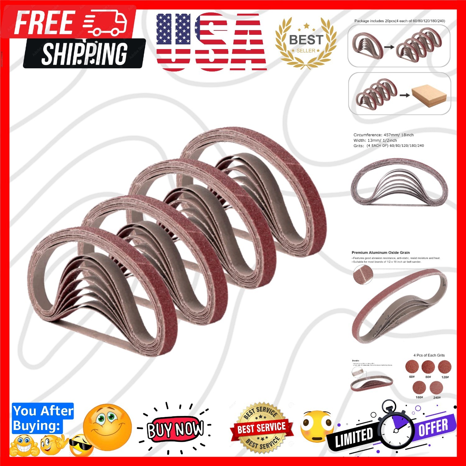 1/2 Inch x 18 Inch Sanding Belts, 4 Each of 60/80/120/180/240 Grits, Belt San…