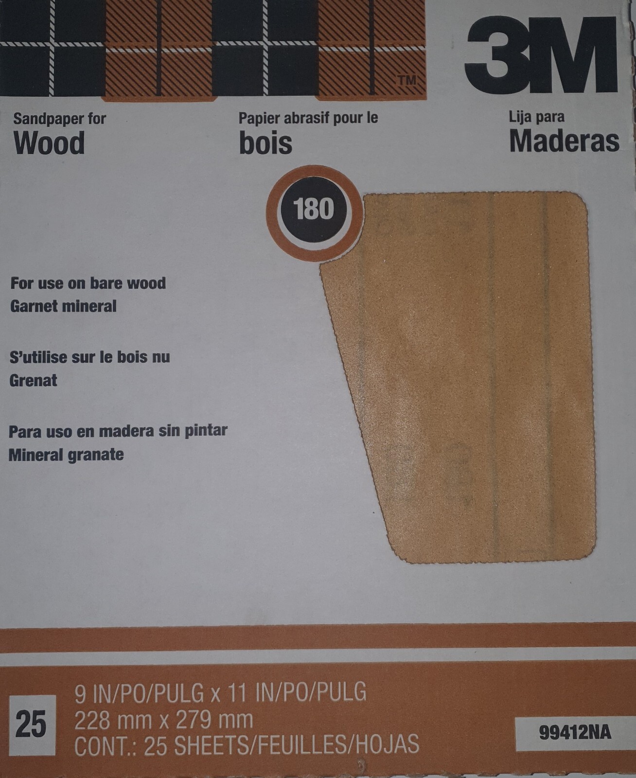3M 99412NA 180 Garnet Sandpaper for Wood 9″ X 11″ Qty 25