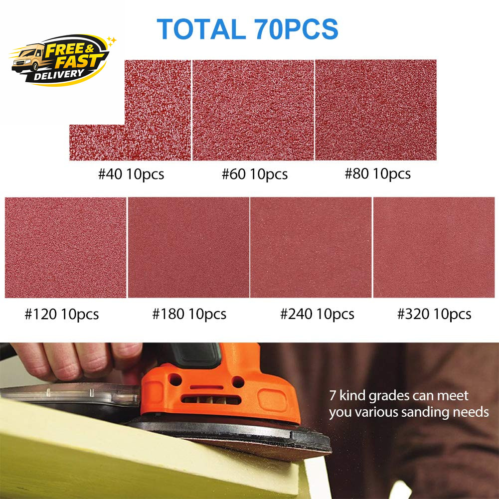 Mouse Sander Sandpaper, 70PCS, 6 Hole Triangle Sanding Pads for Ryobi Detail Pal