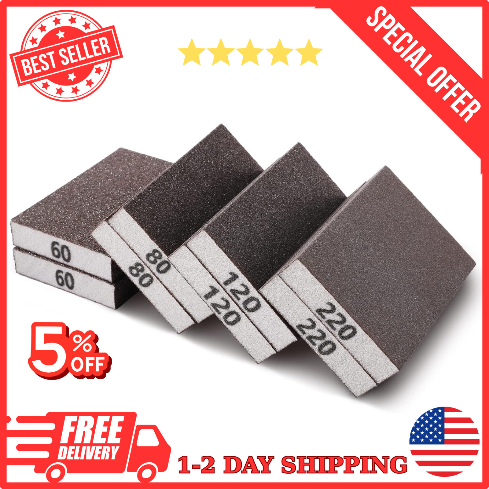 8PCS Sanding Sponge, Sanding Blocks of 60/80/120/220 Assorted Grits, Flexible