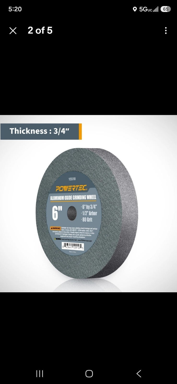 POWERTEC 15518 Aluminum Oxide Grinding Wheel 80 Grit, 6 x 3/4 with 1/2 Arbor