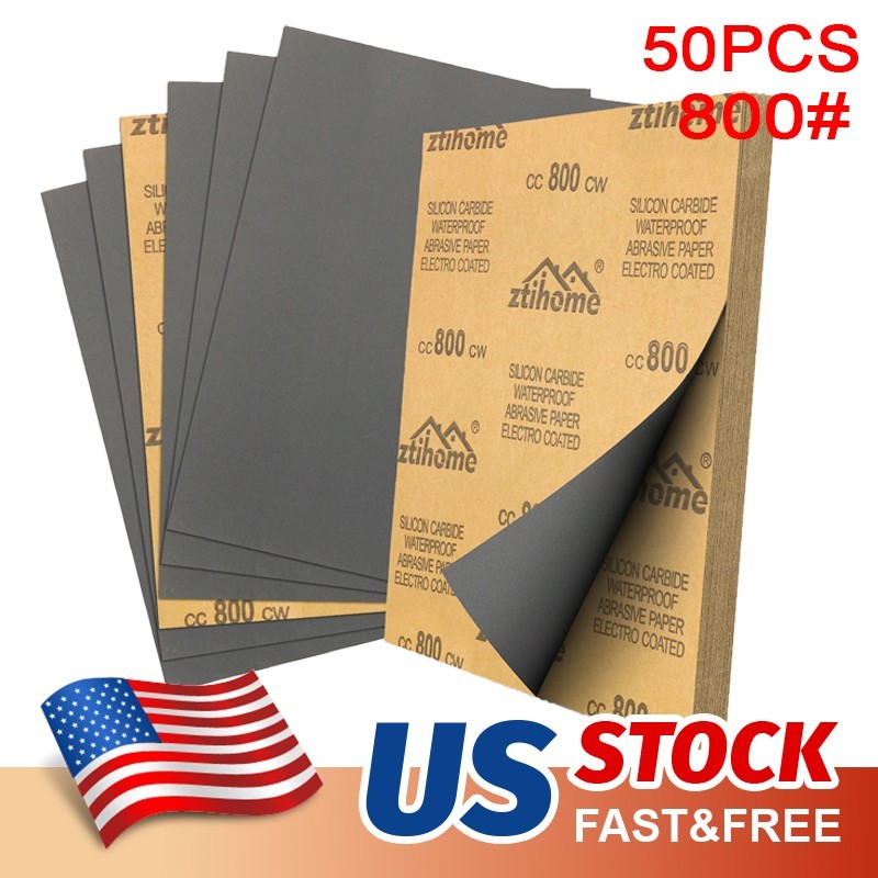 50Pc 9×11 Wet Dry Sandpaper Sheet Silicon Carbide 800 Grit Waterproof Automotive