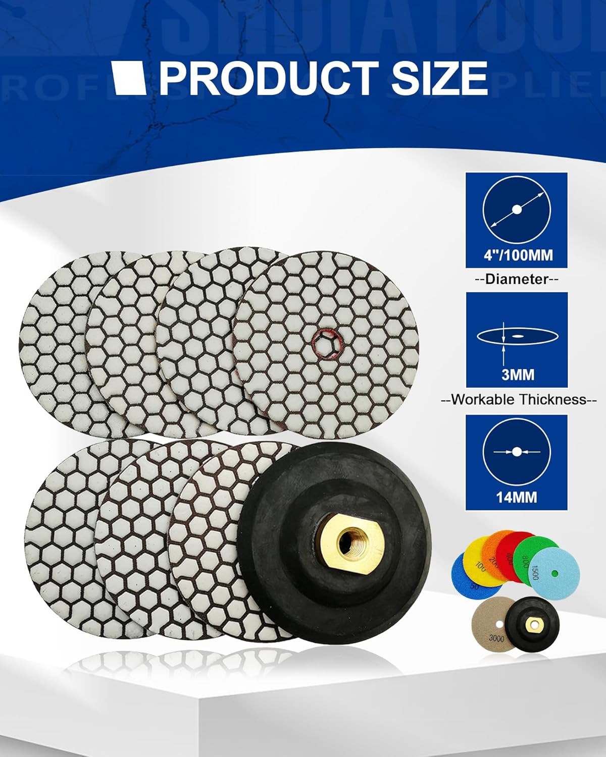 4″ Dry Diamond Polishing Pads Set 7 PCS Rubber Backer for Granite Marble Stone S