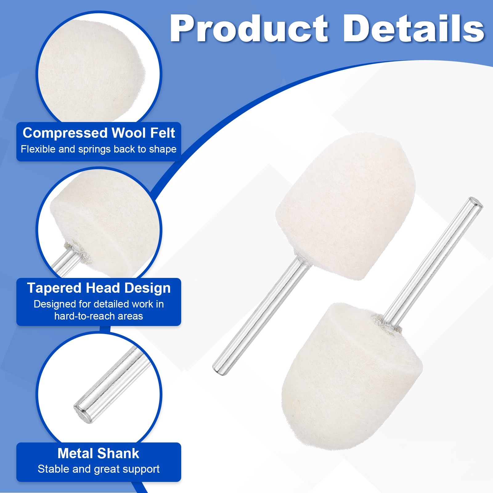 40 Pcs Wool Felt Mounted Mandrel Points 18mm Tapered Head with 1/8″ Shank