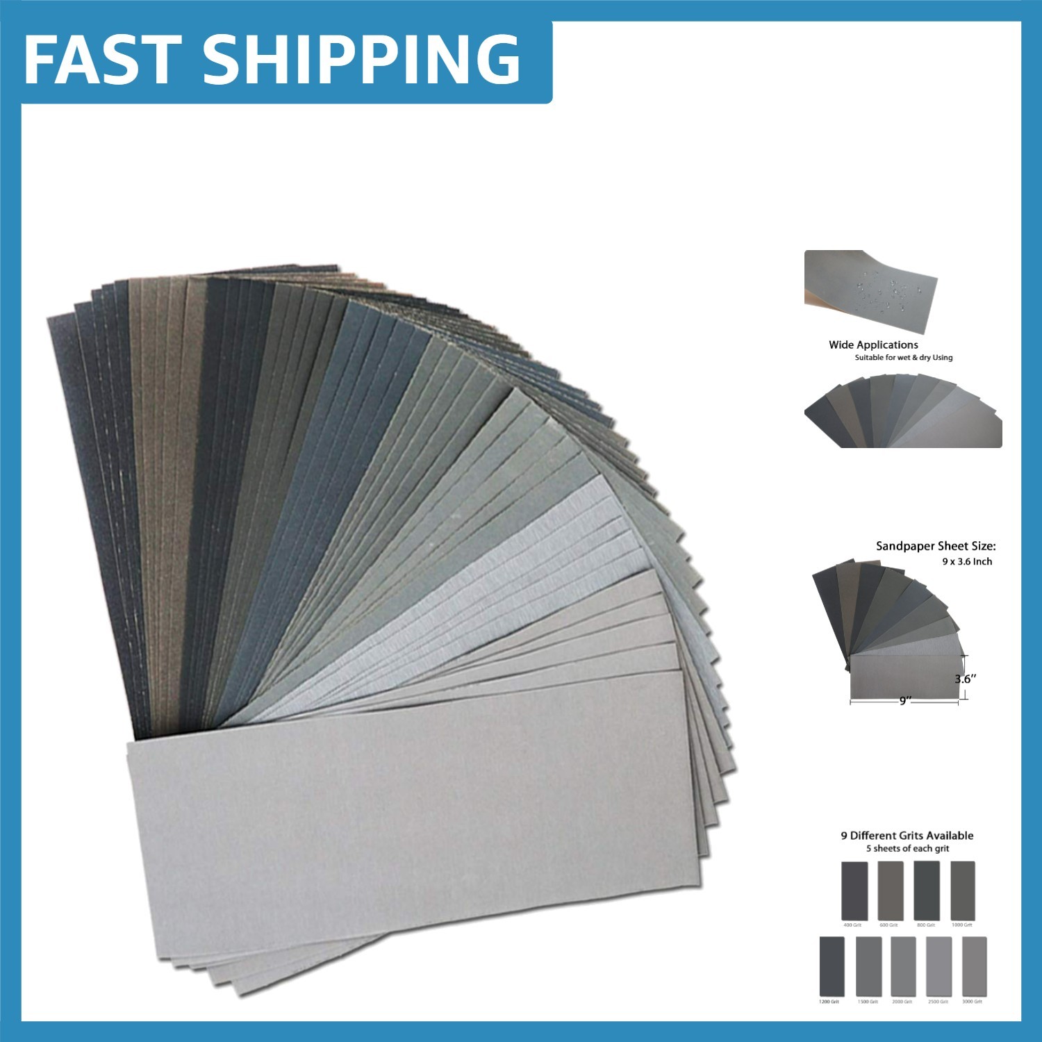 45 Count 9×3.6 Inch Assorted Sanding Sheets for Wood, Metal & Auto Finishing