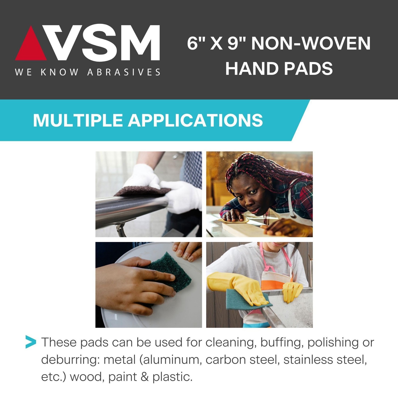 VSM 10-Pack: 6″ x 9″, Black – Medium, Non-Woven Hand Pad, Silicon Carbide Gra…