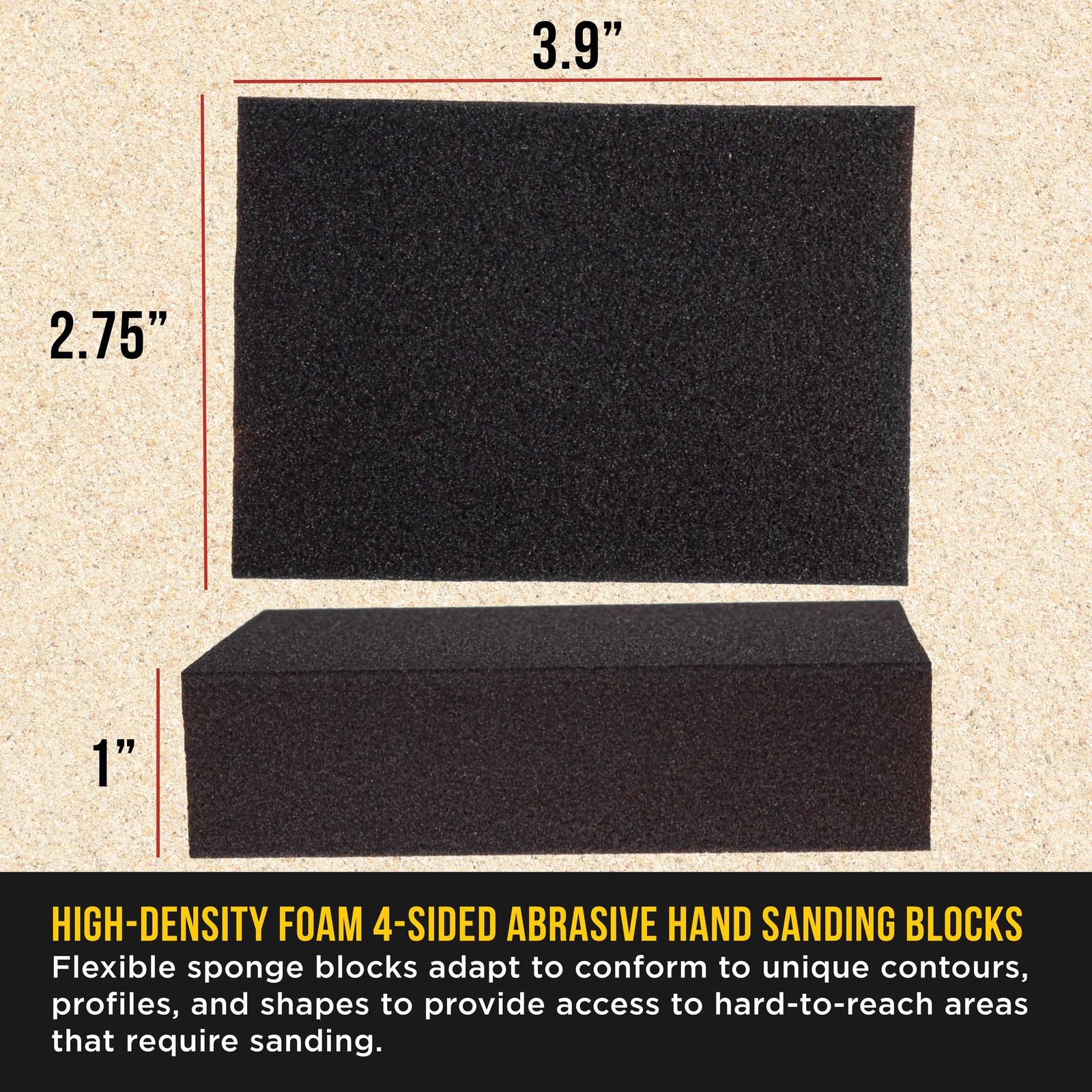 120 Grit 4-Sided Hand Sanding Block Sponges, Box of 6 – 3.9″ x 2.75″ Wet/Dry
