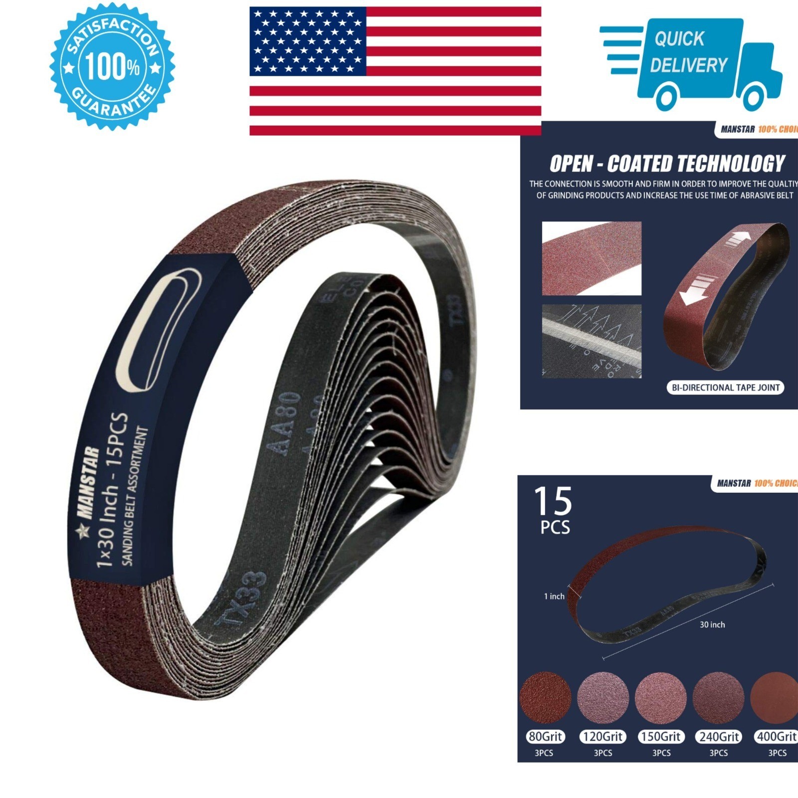 15 Pcs 1 x 30 Inch Aluminum Oxide Sanding Belts Assorted Grits