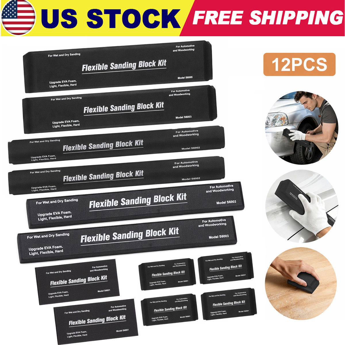 12Pcs Sanding Block Kit Flexible EVA Foam Wet or Dry for Automotive or Woodwork