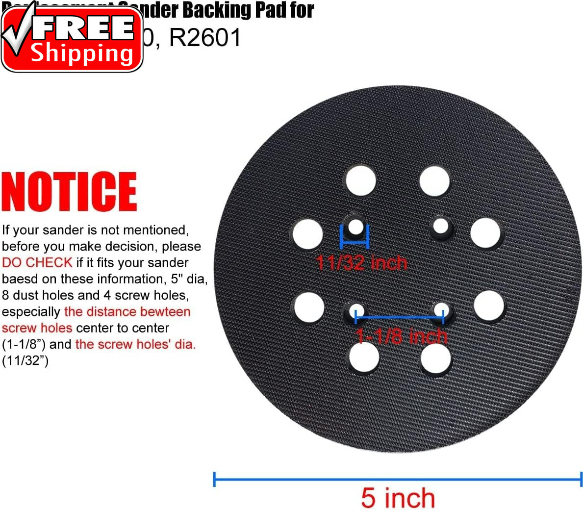 2 Pack 5 Inch 8 Hole Hook and Loop Sander Pad for Ridgid R2600, R2601 5″ Random
