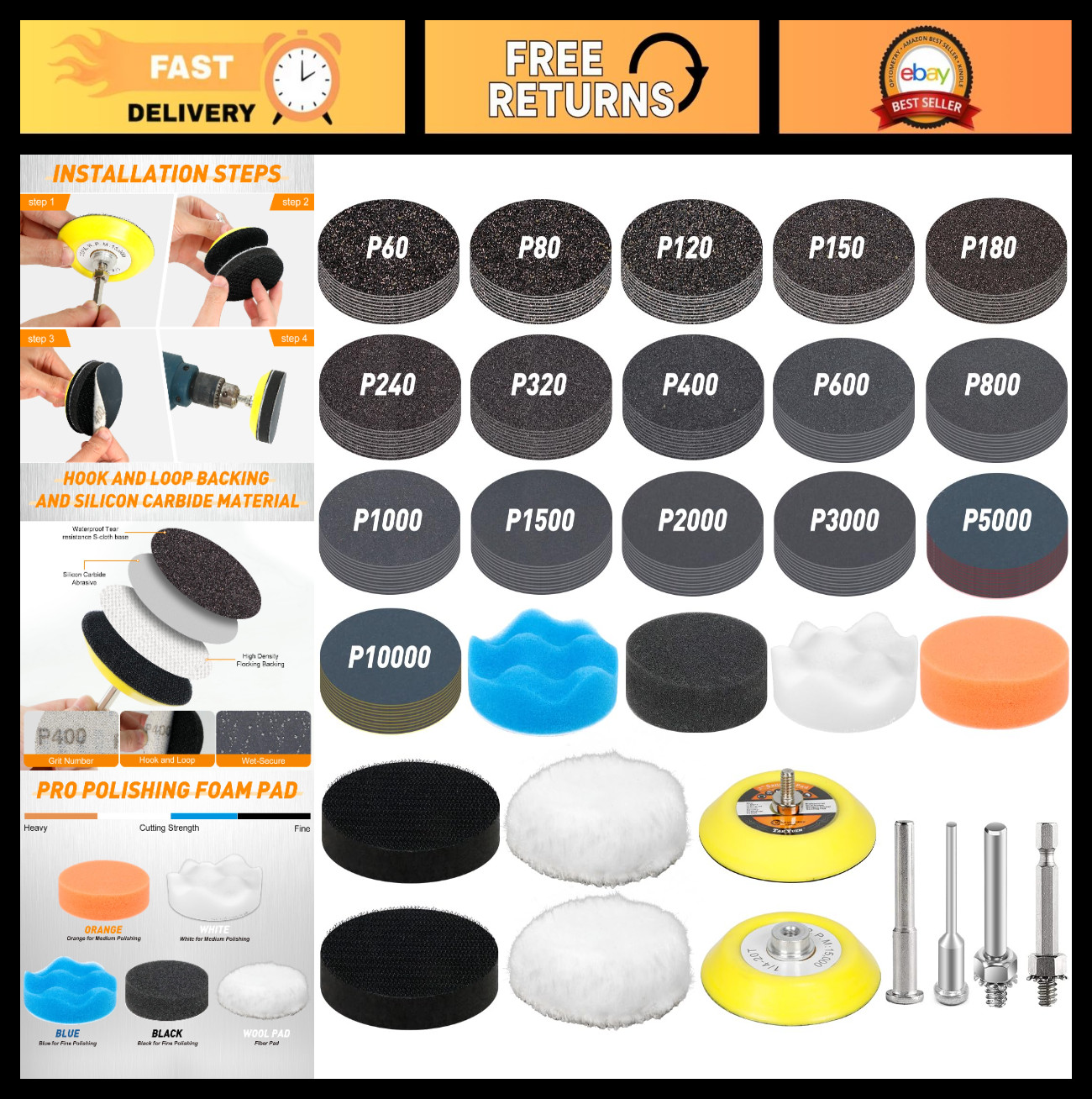 174 PCS Wet Dry Sanding Discs 3″ Hook & Loop Grit 60-10000 for Drill Attachment