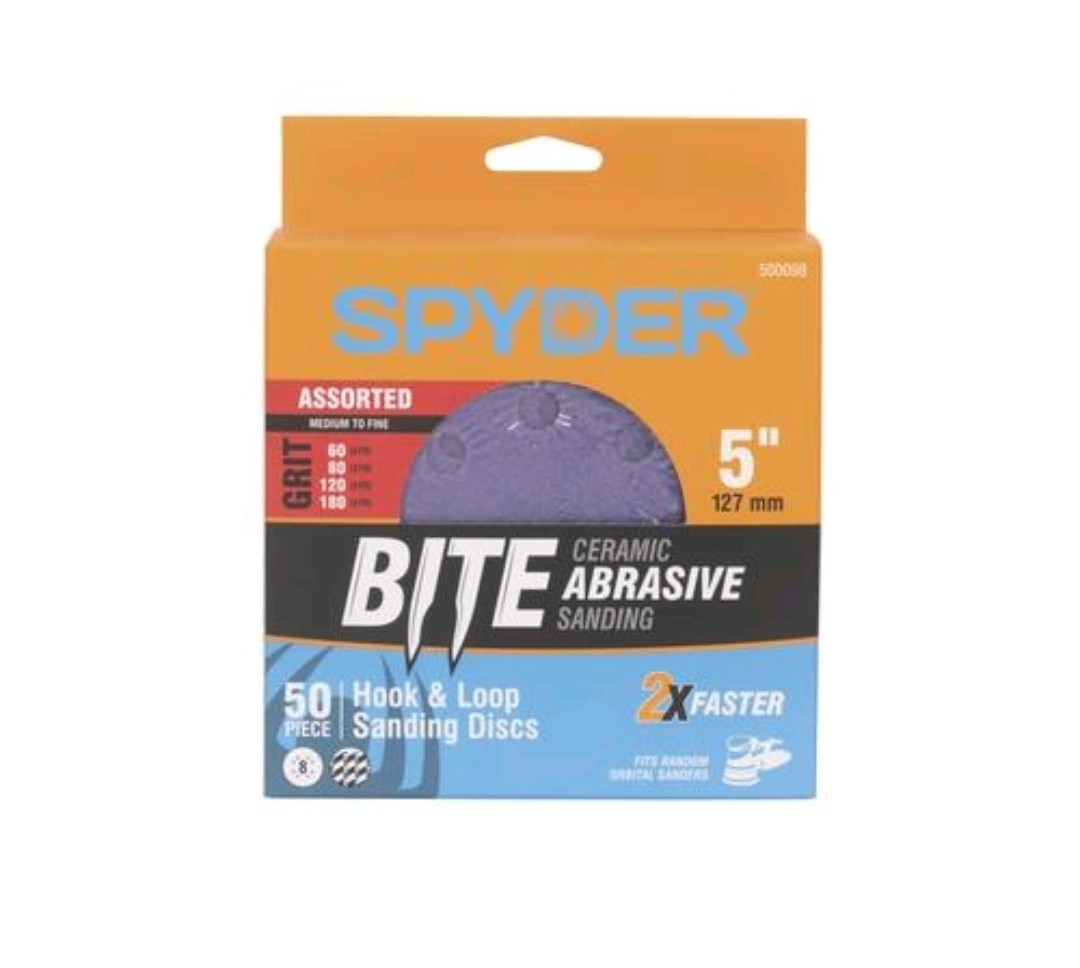 SPYDER 50 Count 5″ Hook & Loop Ceramic Sanding Discs 60/80/120/180 Grits
