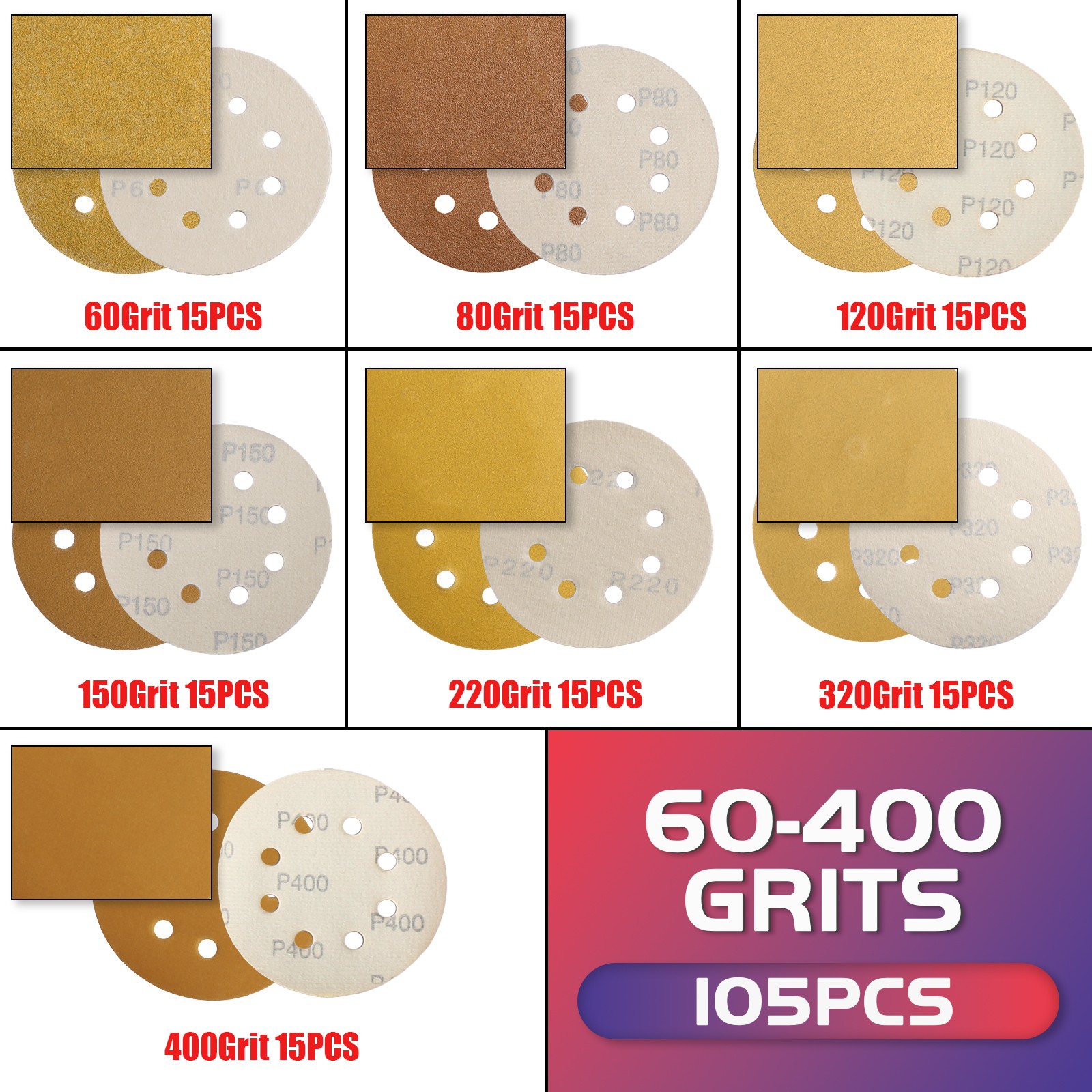 105Pcs 5 inch Sanding Discs 8-Hole Hook Loop for Orbital Sander Paper 60-400Grit