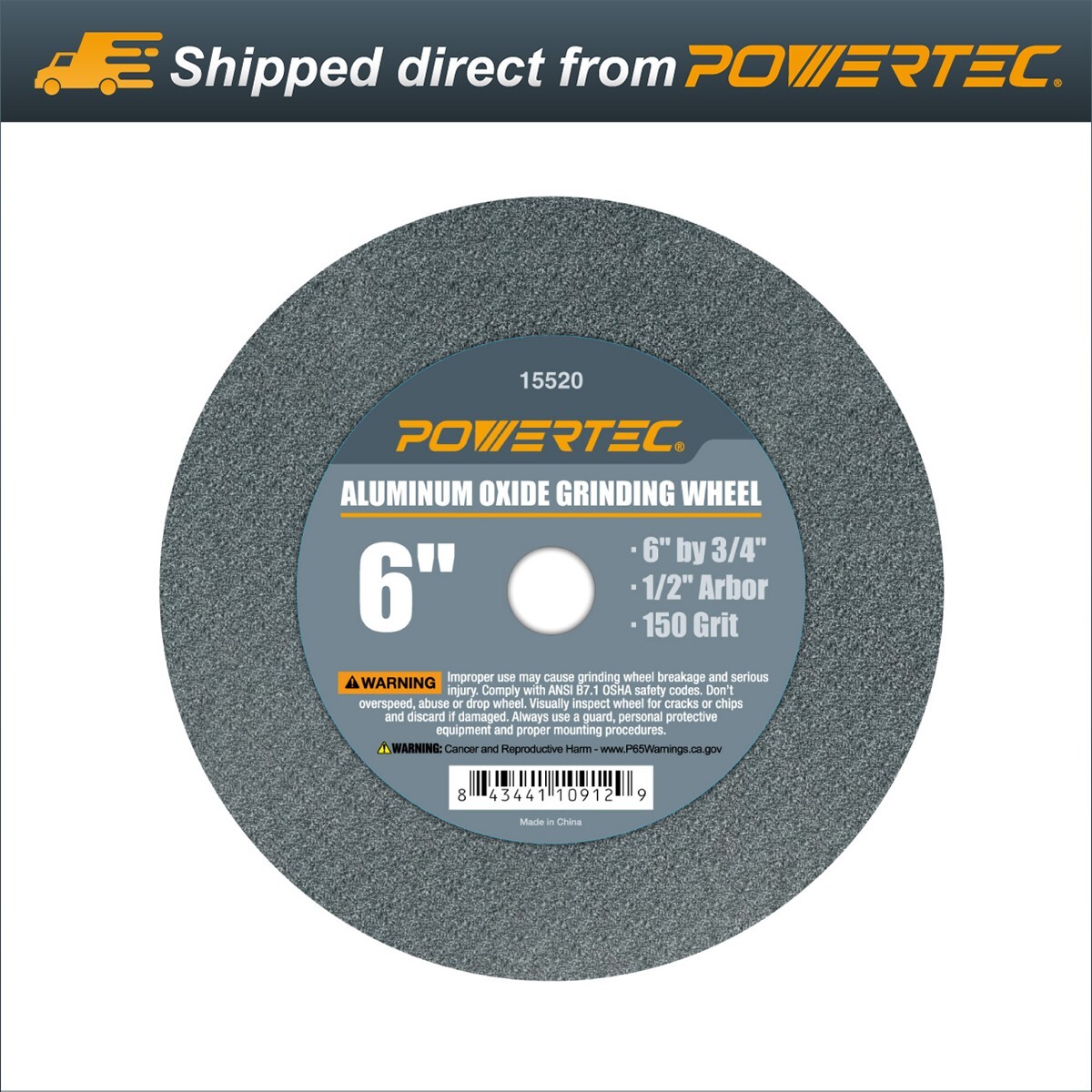 POWERTEC 15520 Aluminum Oxide Grinding Wheel 150 Grit, 6 x 3/4 with 1/2 Arbor