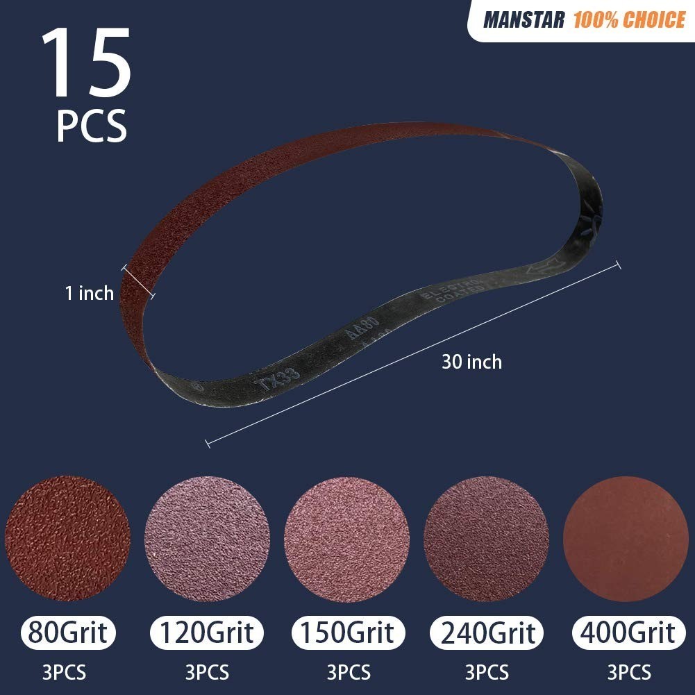 15 Pcs 1 x 30 Inch Aluminum Oxide Sanding Belts Assorted Grits