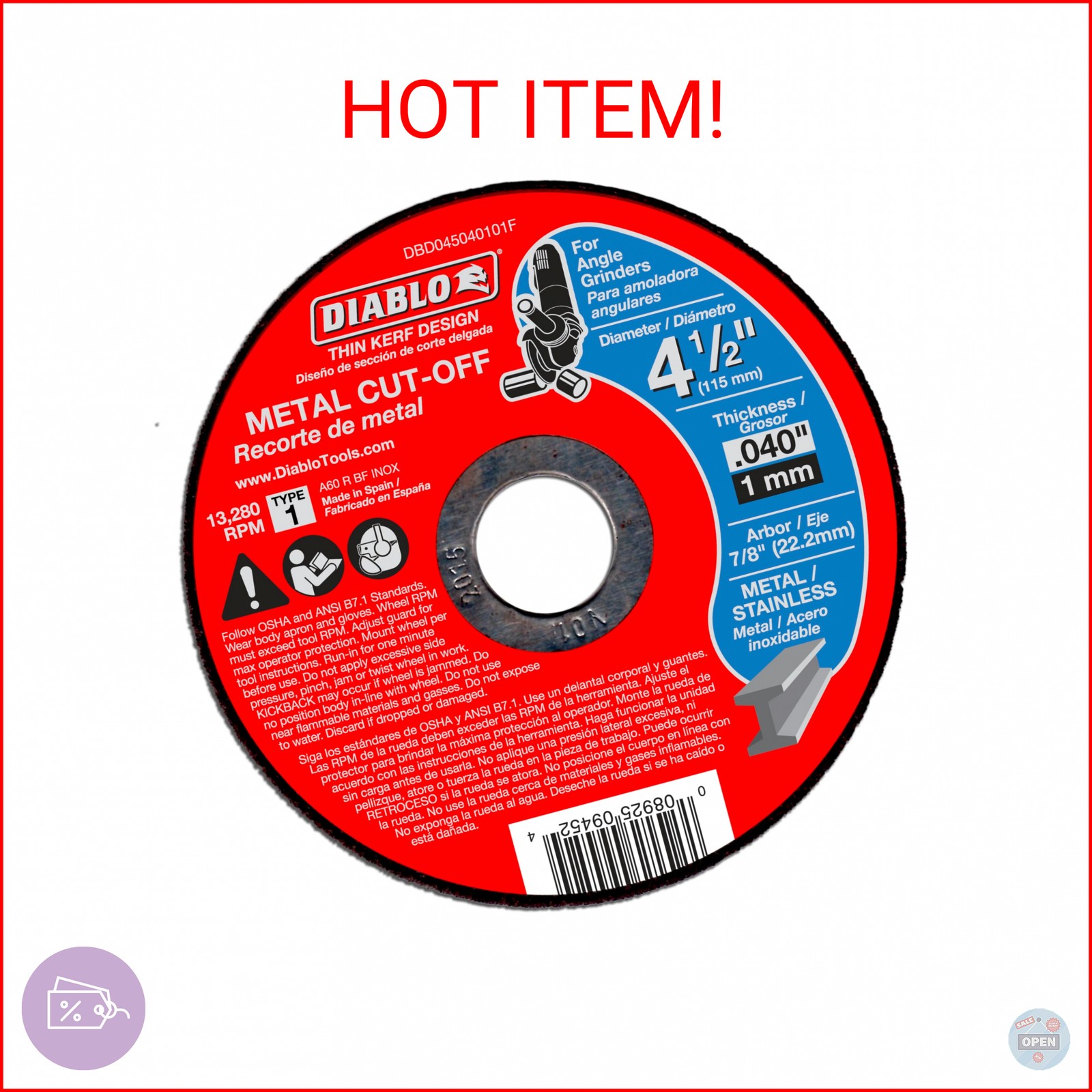 Diablo Metal Cut-Off Disc – Superior Performance – 4-1/2″ Diameter, 7/8″ Arbor,