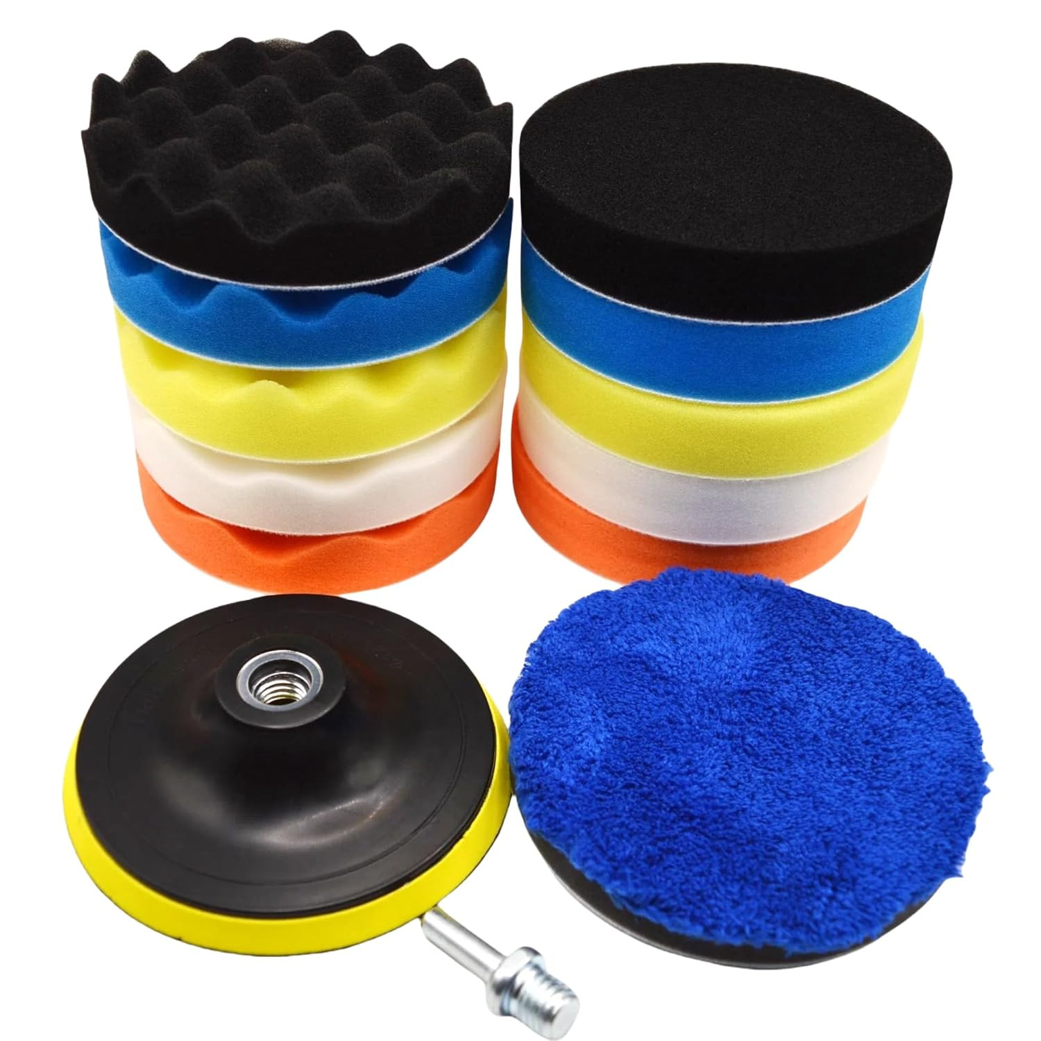 12Pcs 5Inch Foam Buffing Polishing Pads Kit, with Coral Fleece Pad, Backing Plat