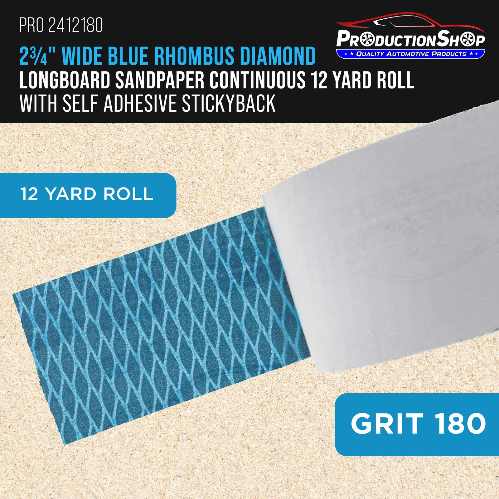 180 Grit PSA Diamond Shape Longboard Sandpaper 2.75″x 12 Yard Roll Self Adhesive