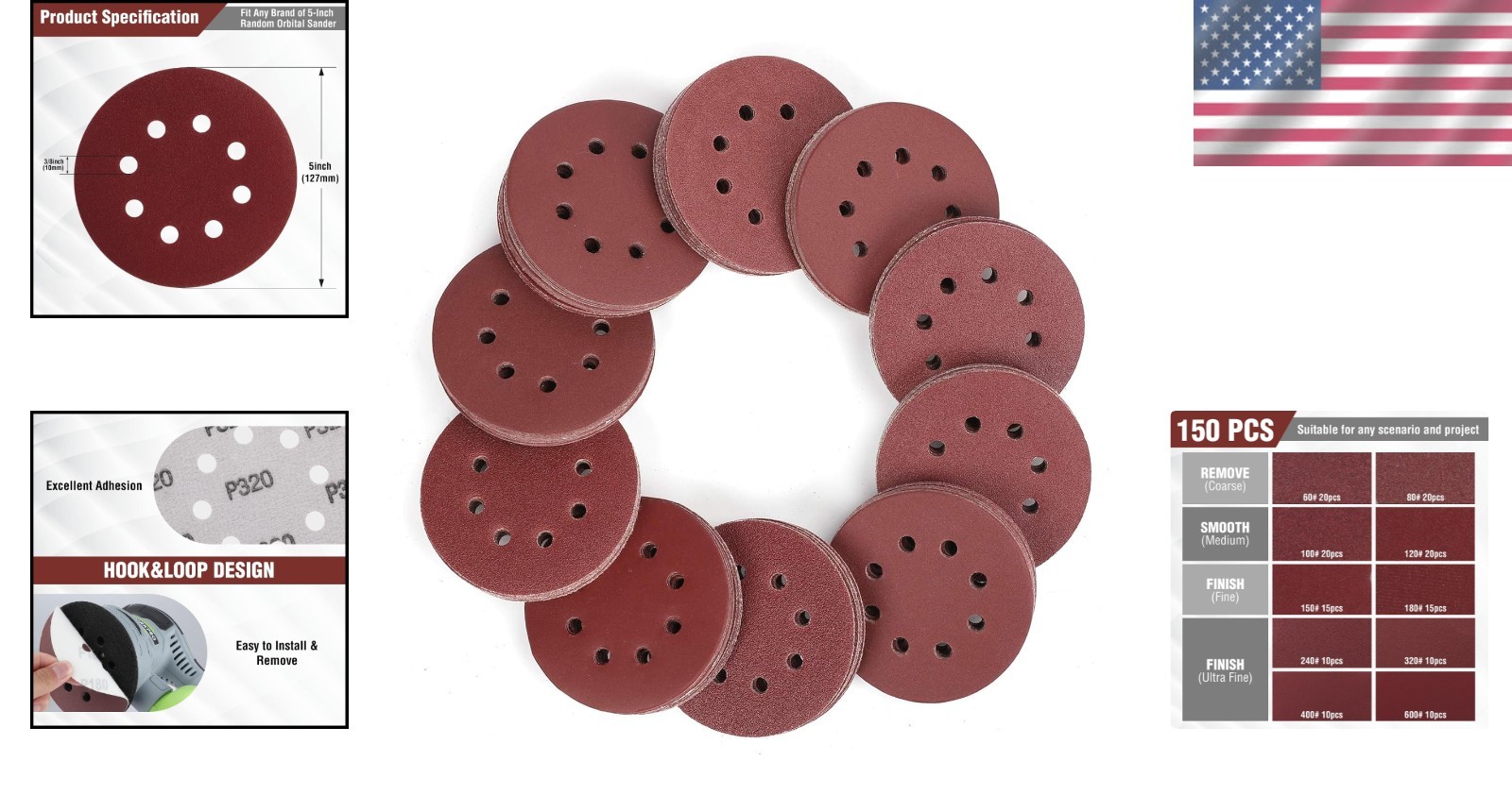 High-Quality 150-Piece Sanding Discs Set – 5-Inch for Random Orbital Sanders
