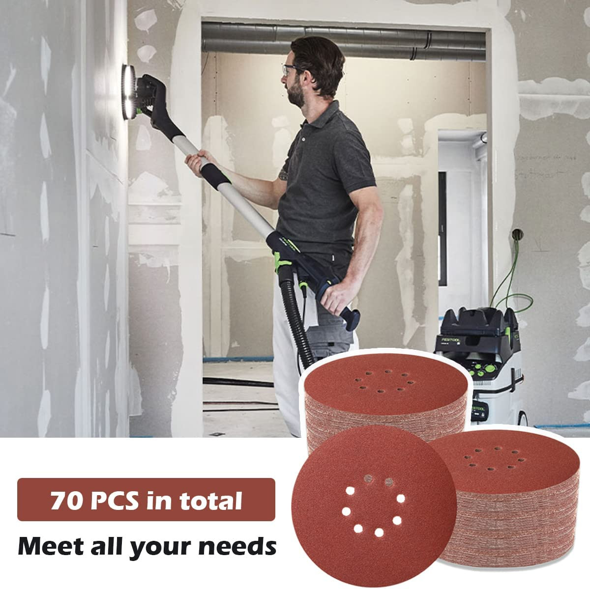 70 PCS 9 Inch Sanding Disc Hoop and Loop Sanding Disc Self Stick 8 Hole Sandpape