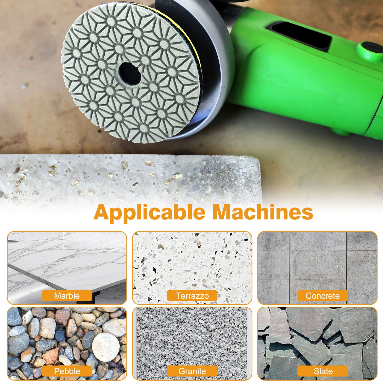 4″ 3-Step Diamond Polishing Pads + Backer for Marble Granite Terrazzo Concrete
