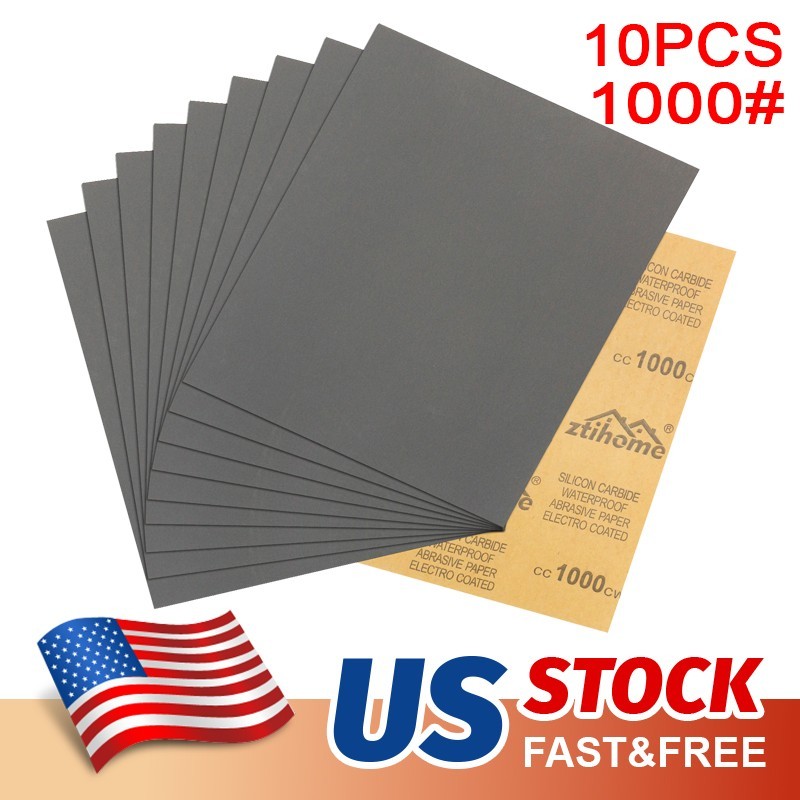 10Pcs Wet Dry Sandpaper Sheets Silicon Carbide 1000 Grit Waterproof Automotive