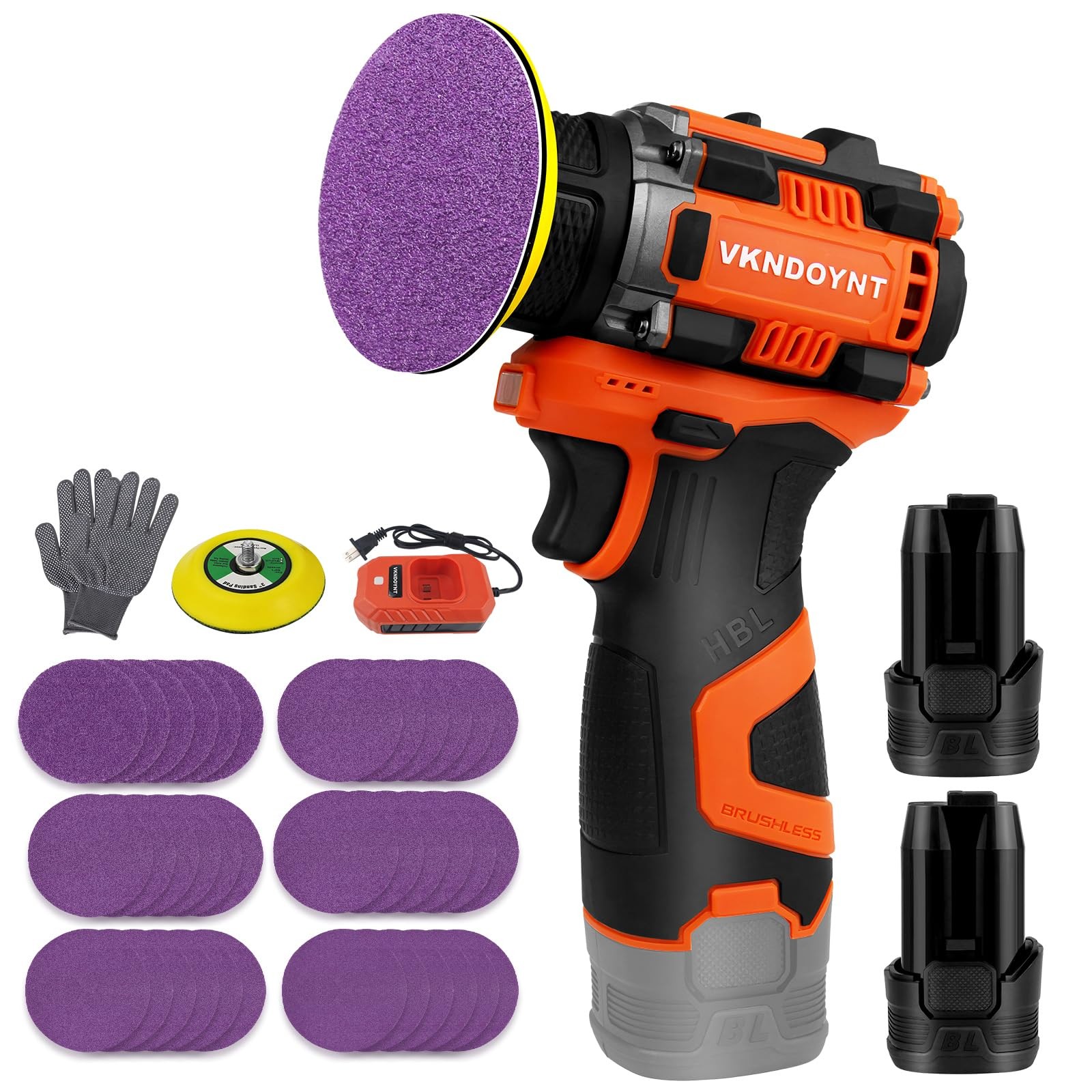 Brushless Small Sander with 36PCS 2 x 3.0Ah Batteries, Orange/Black