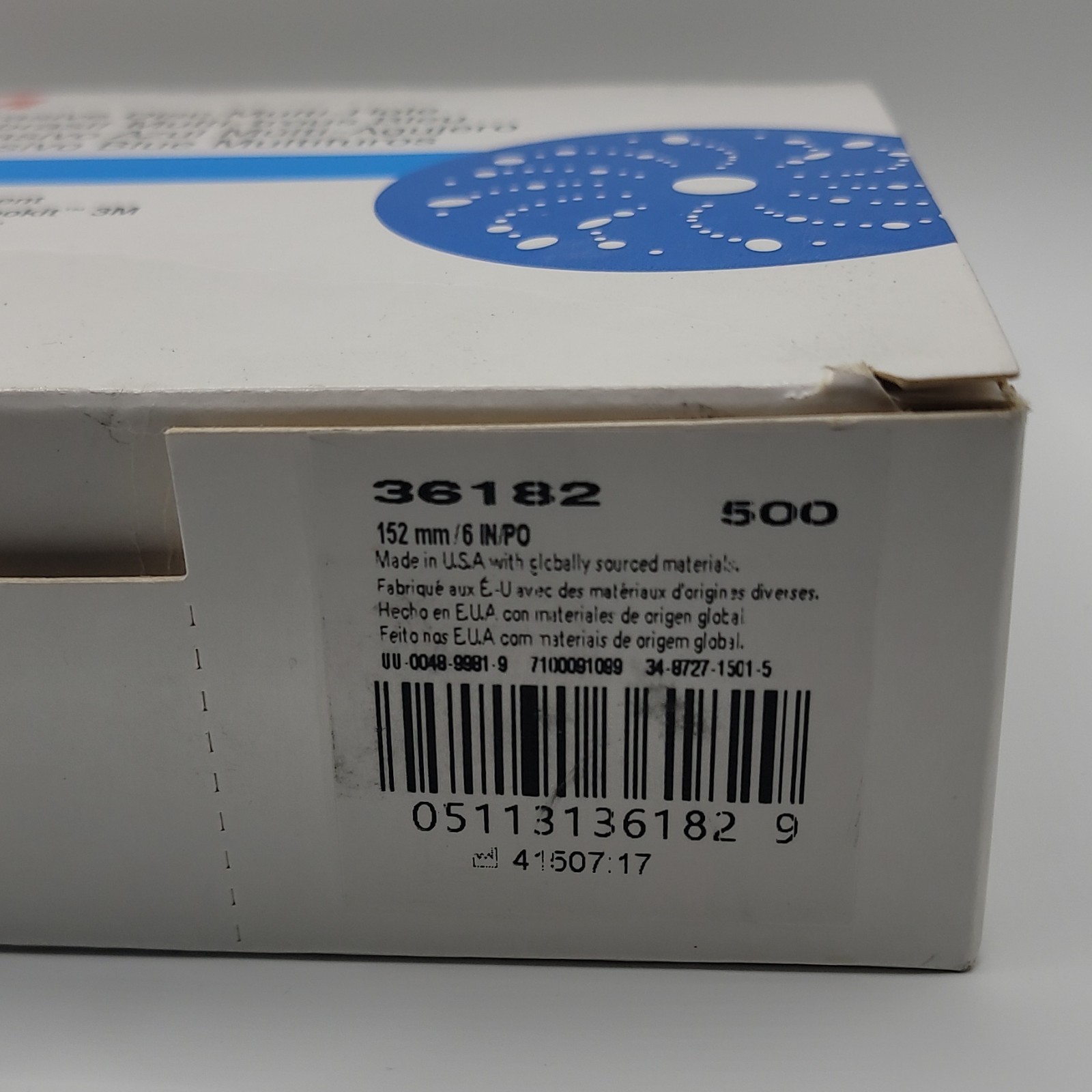 3M Blue 500 Grit Multi-Hole Sanding Disc 36182 152mm 6in Sanding 50 Pack
