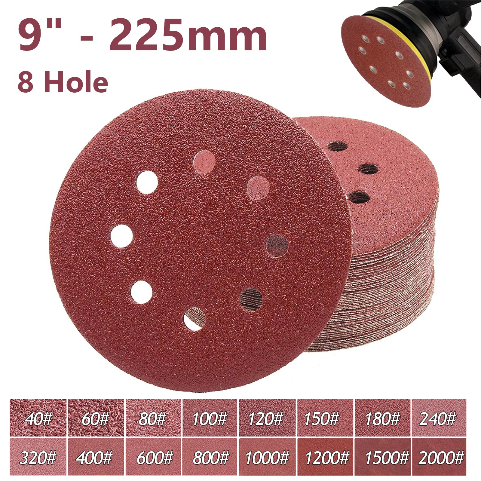 225mm 9″ Sanding Discs 40 – 600 Grit Orbital Sander 8 Hole Pads Premium quality
