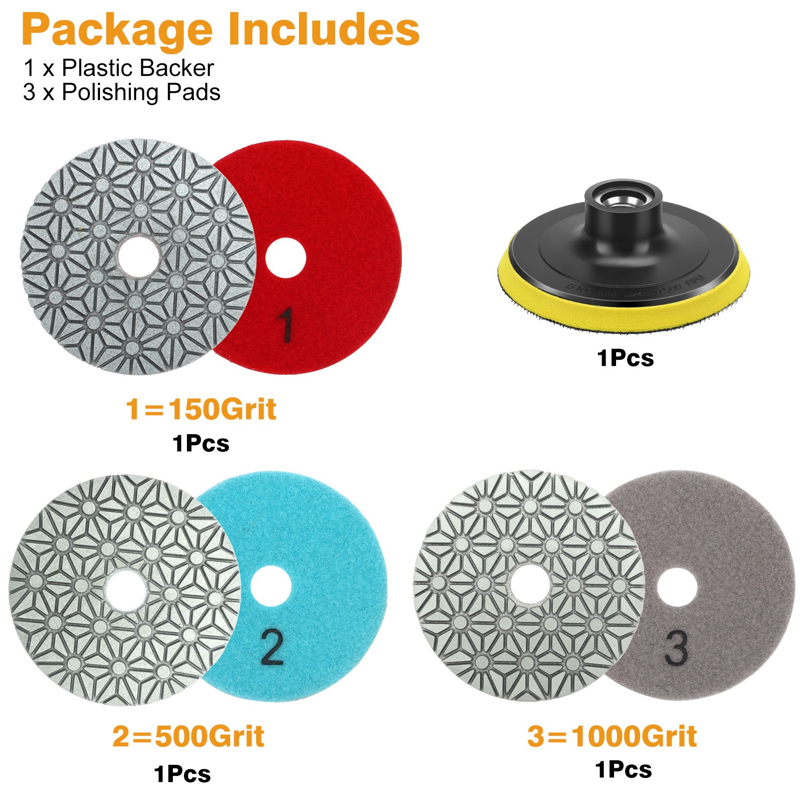 4″ 3-Step Diamond Polishing Pads + Backer for Marble Granite Terrazzo Concrete