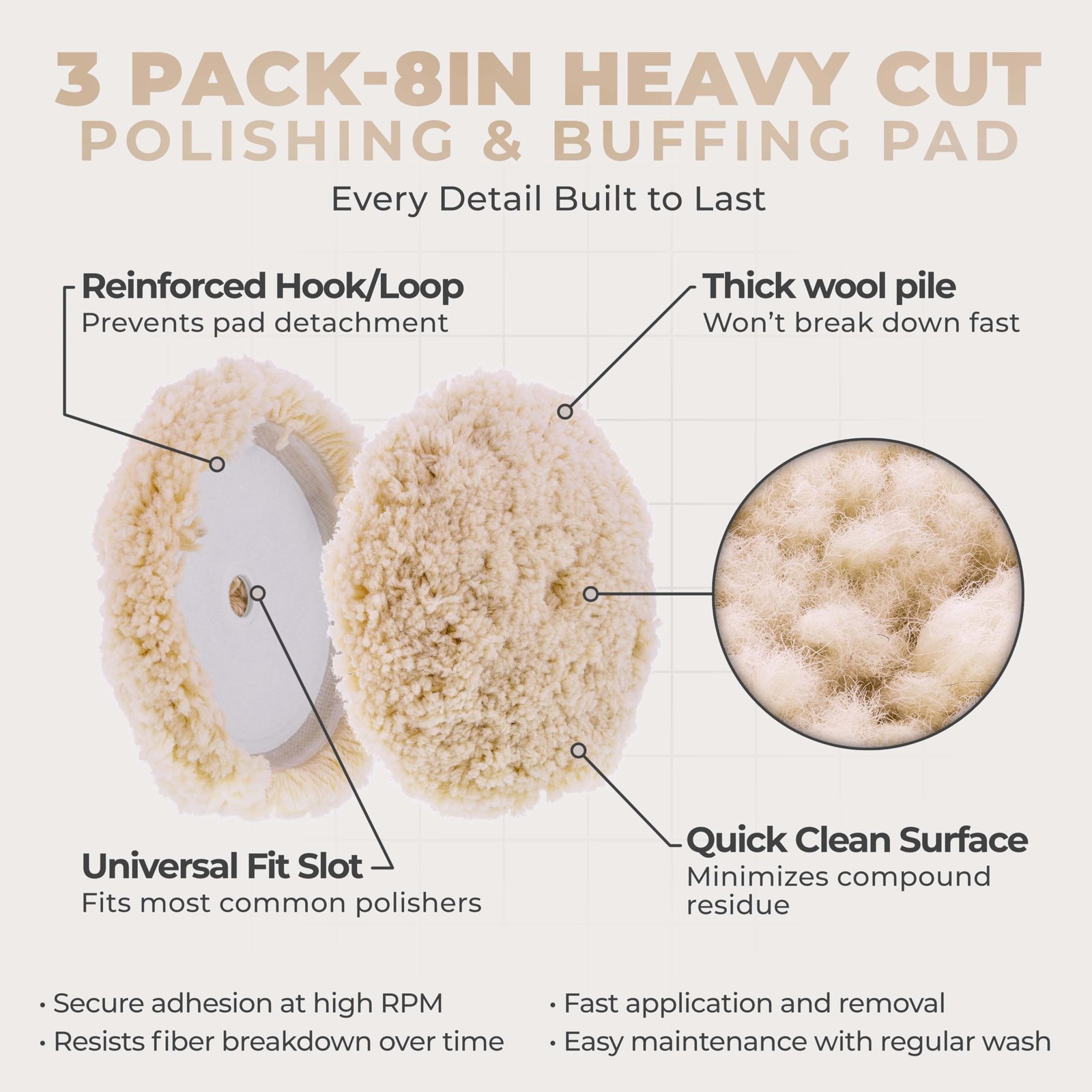 TCP Global 8″ 100% Wool Polishing & Buffing Pad (3 Pack) with 3-Wool Pads