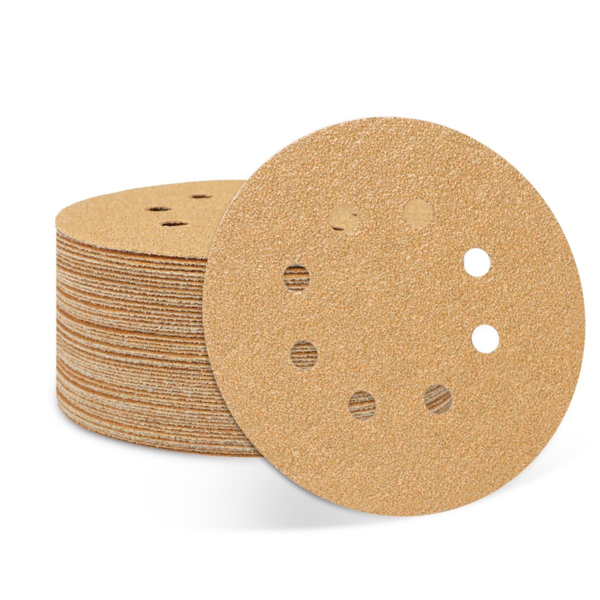 50 PCS 40 Grit 5 Inch 8 Hole Sanding Discs, Hook and Loop Gold Sandpaper Pads fo