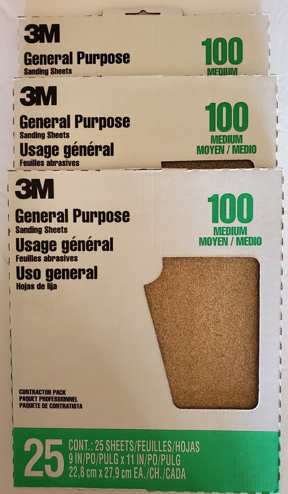 Lot of 3 3M General Purpose 25 Sanding Sheets *100 Medium* 9″ x 11″ #11604NA-25