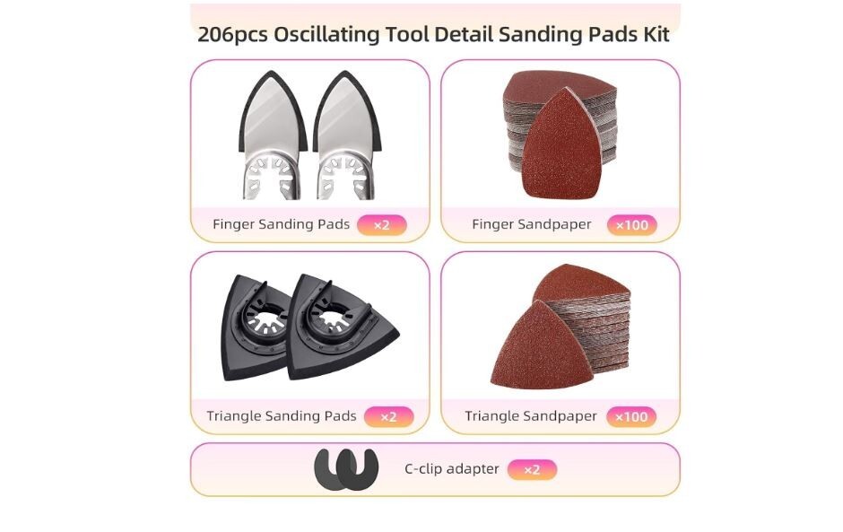 206Pcs Oscillating Tool Detail Sanding Pads Kit 2Pcs Triangle Sanding Pads 2Pc