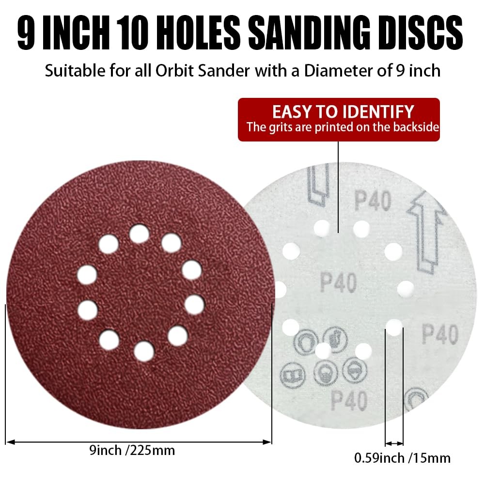 9 Inch 10 Hole Sanding Discs for Drywall Sander – 10 Pack of 40 Grits Drywall