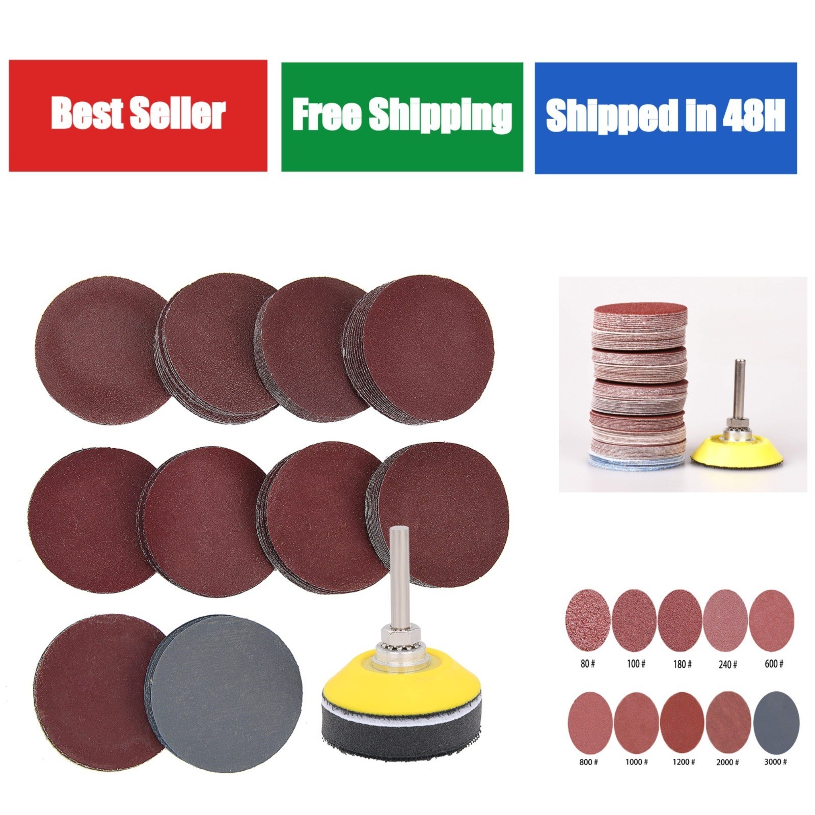 100 Pieces 2 Inch Sanding Discs with Backing Pad for Drill Grinder