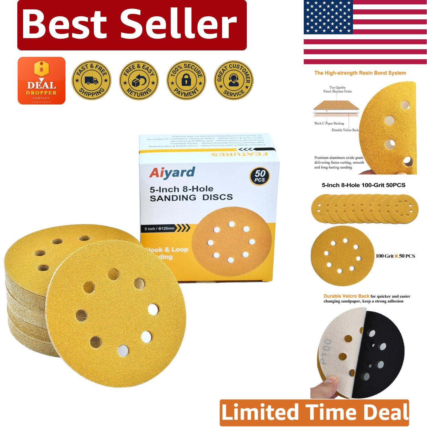 5-Inch Hook and Loop Sanding Discs – 50 Pack, 100 Grit for Professionals