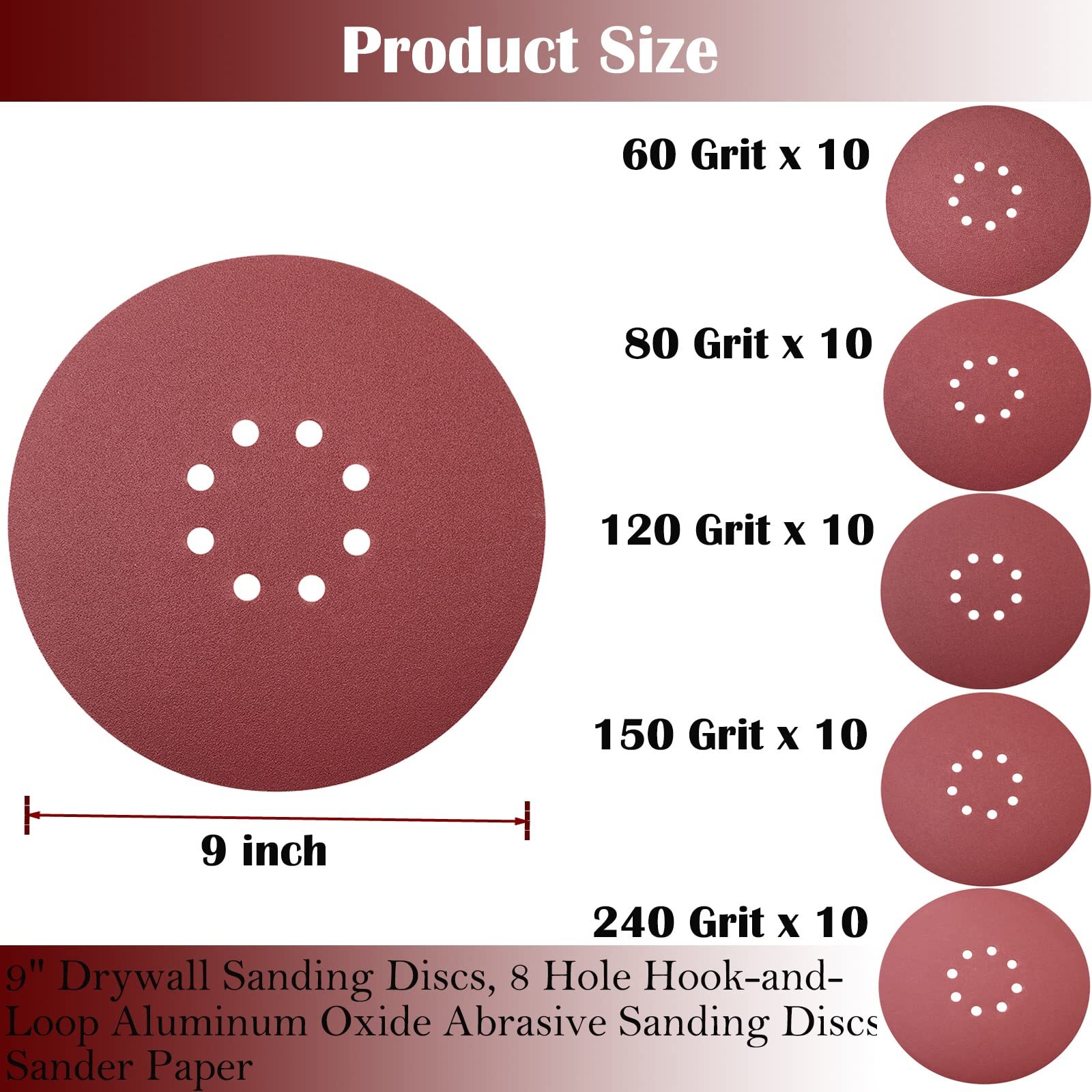 50 PCS 9 Inch Sanding Disc Set 60-120-150-240 Grits Hook-and-Loop for Drywall